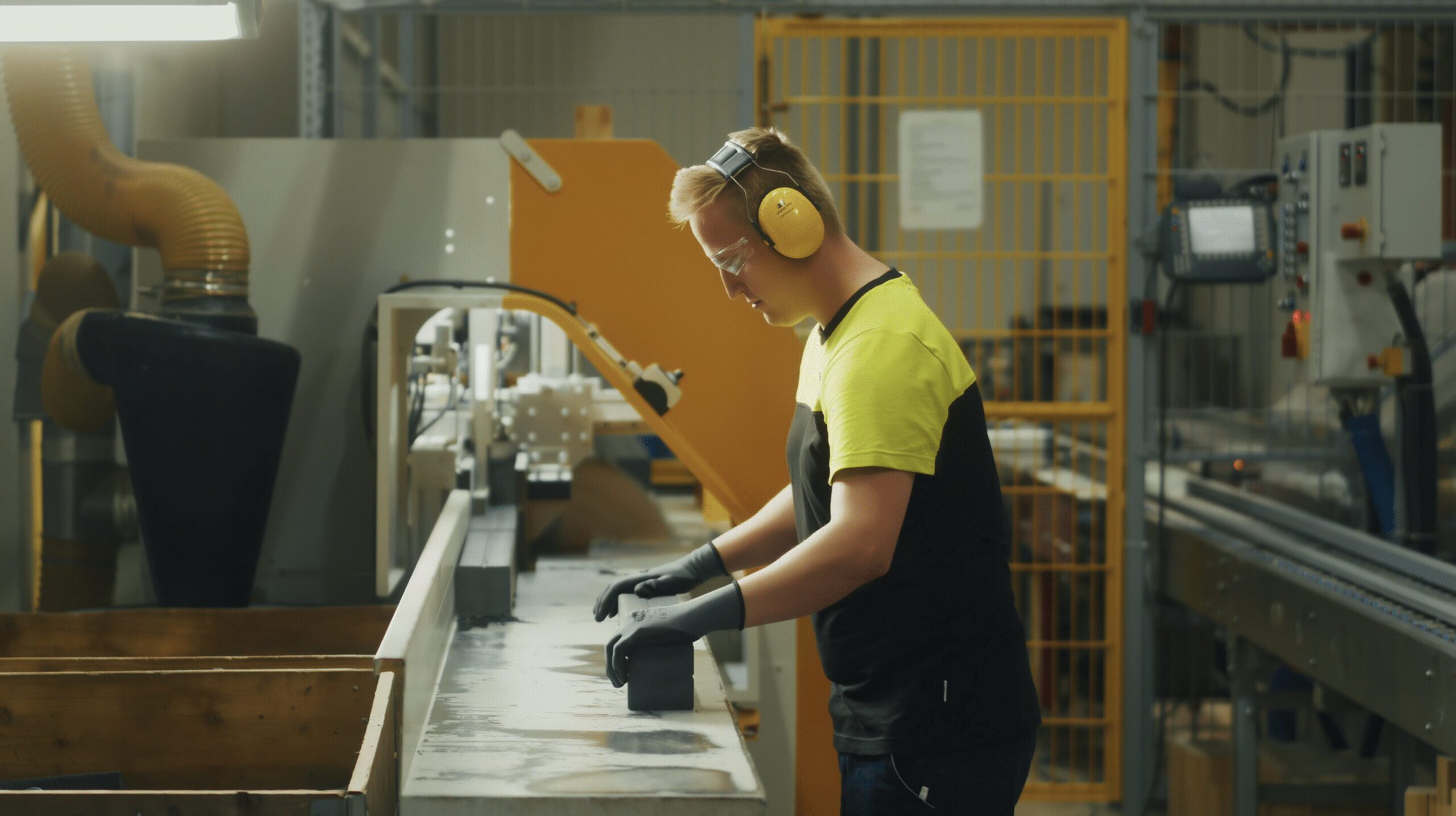 Mężczyzna w zakładzie przemysłowym, pracujący przy maszynie, zaangażowany w proces produkcji.