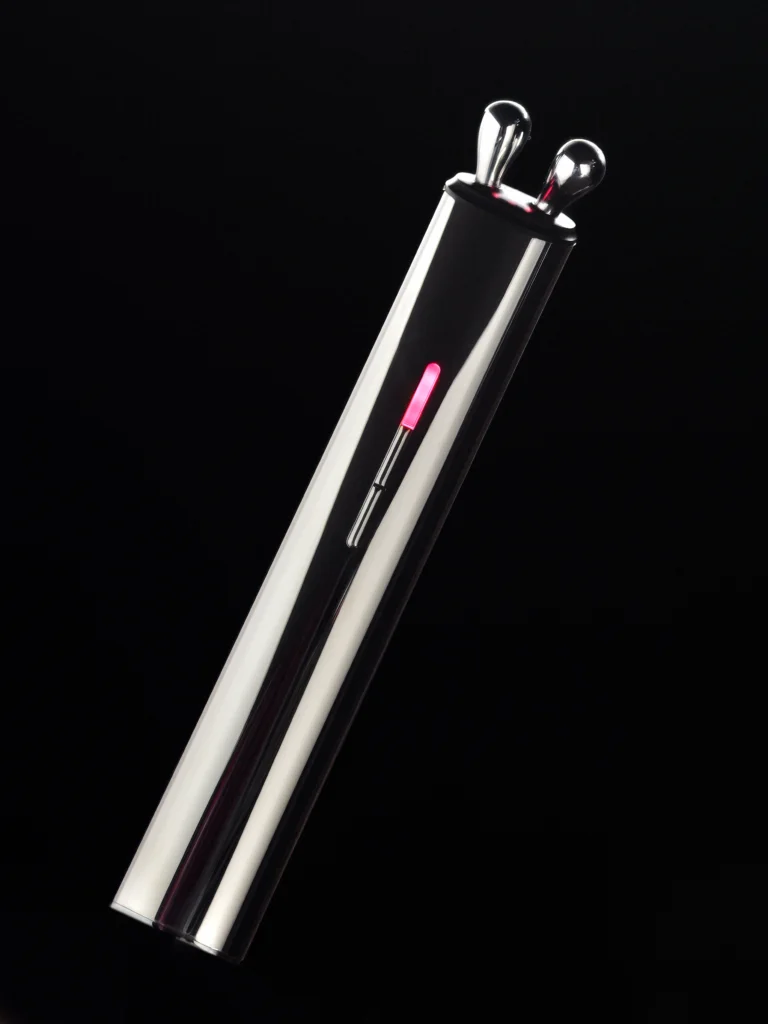 AURA RF masażer liftingujący unoszący się w powietrzu, podświetlenie LED w kolorze różowym.